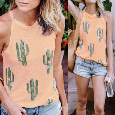 Summer Cactus Print Women T Shirt Casual Halter Harajuku Women Tops  Shirts Women Tops