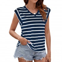 Fashion Stripe Print V-neck Short-sleeved T-Shirt Summer Loose Tank Top Women's Clothing
