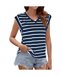 Fashion Stripe Print V-neck Short-sleeved T-Shirt Summer Loose Tank Top Women's Clothing