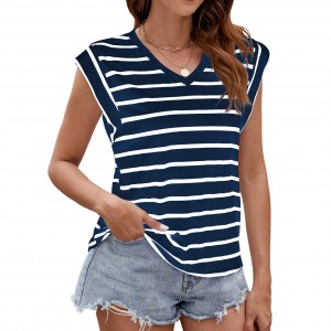Fashion Stripe Print V-neck Short-sleeved T-Shirt Summer Loose Tank Top Women's Clothing