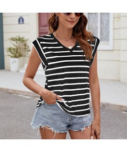 Fashion Stripe Print V-neck Short-sleeved T-Shirt Summer Loose Tank Top Women's Clothing