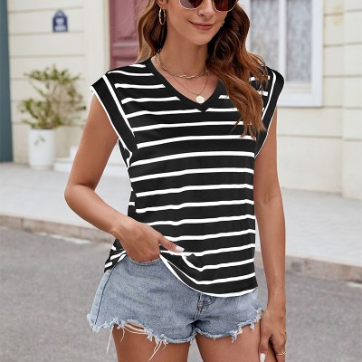 Fashion Stripe Print V-neck Short-sleeved T-Shirt Summer Loose Tank Top Women's Clothing