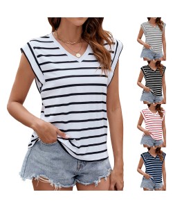 Fashion Stripe Print V-neck Short-sleeved T-Shirt Summer Loose Tank Top Women's Clothing