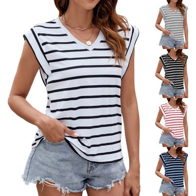 Fashion Stripe Print V-neck Short-sleeved T-Shirt Summer Loose Tank Top Women's Clothing
