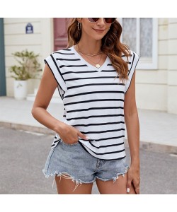 Fashion Stripe Print V-neck Short-sleeved T-Shirt Summer Loose Tank Top Women's Clothing