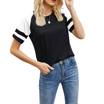 European Loose Women's Short-Sleeved Shirts Round Neck Color-Blocking Casual Tops Sports T-Shirts