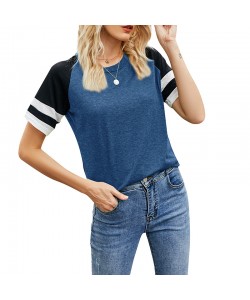 European Loose Women's Short-Sleeved Shirts Round Neck Color-Blocking Casual Tops Sports T-Shirts