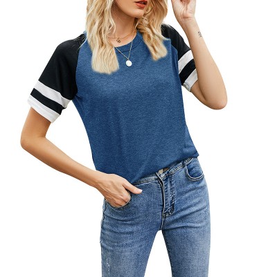 European Loose Women's Short-Sleeved Shirts Round Neck Color-Blocking Casual Tops Sports T-Shirts