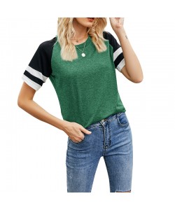 European Loose Women's Short-Sleeved Shirts Round Neck Color-Blocking Casual Tops Sports T-Shirts