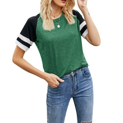 European Loose Women's Short-Sleeved Shirts Round Neck Color-Blocking Casual Tops Sports T-Shirts