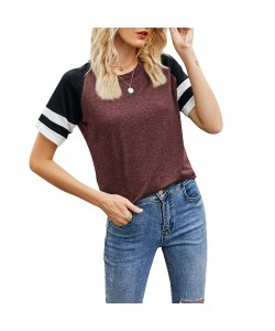 European Loose Women's Short-Sleeved Shirts Round Neck Color-Blocking Casual Tops Sports T-Shirts