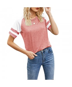 European Loose Women's Short-Sleeved Shirts Round Neck Color-Blocking Casual Tops Sports T-Shirts