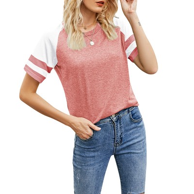 European Loose Women's Short-Sleeved Shirts Round Neck Color-Blocking Casual Tops Sports T-Shirts