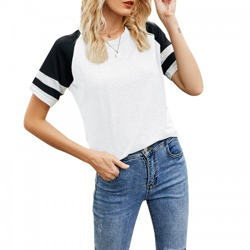 European Loose Women's Short-Sleeved Shirts Round Neck Color-Blocking Casual Tops Sports T-Shirts
