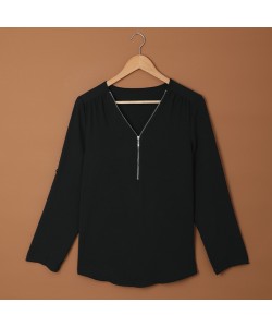 Women's Shirts Solid Color Sexy V-neck Zipper Half Sleeves
