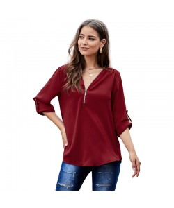 Women's Shirts Solid Color Sexy V-neck Zipper Half Sleeves
