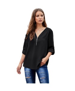 Women's Shirts Solid Color Sexy V-neck Zipper Half Sleeves