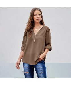 Women's Shirts Solid Color Sexy V-neck Zipper Half Sleeves