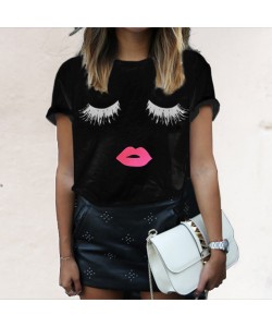 Summer Style Mascara Red Lip Pattern Printed Short Sleeve T-shirts