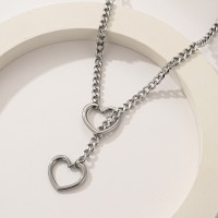Stainless Steel Lariat Heart Necklace Personality Heavy Ring Cuban Long Chain Punk Rock Slipchain Choker Collar For Women