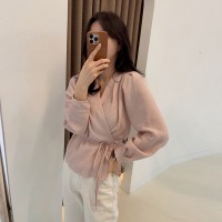 Women's Individuality Buttonless Waist Tie Solid Color Long Sleeve Shirts