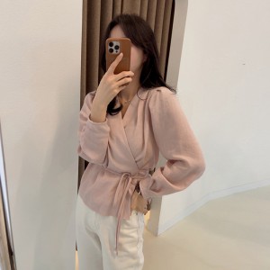 Women's Individuality Buttonless Waist Tie Solid Color Long Sleeve Shirts