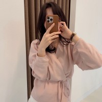 Women's Individuality Buttonless Waist Tie Solid Color Long Sleeve Shirts