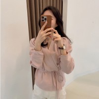 Women's Individuality Buttonless Waist Tie Solid Color Long Sleeve Shirts