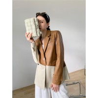 Retro hit color twill loose profile stitching leather salt coat