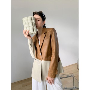 Retro hit color twill loose profile stitching leather salt coat