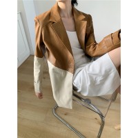 Retro hit color twill loose profile stitching leather salt coat
