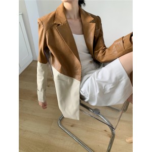 Retro hit color twill loose profile stitching leather salt coat