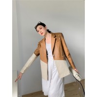 Retro hit color twill loose profile stitching leather salt coat
