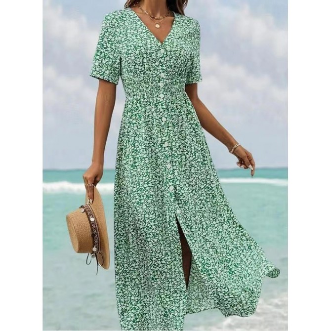 Summer V-neck Printed Short Sleeve Split Dress Women