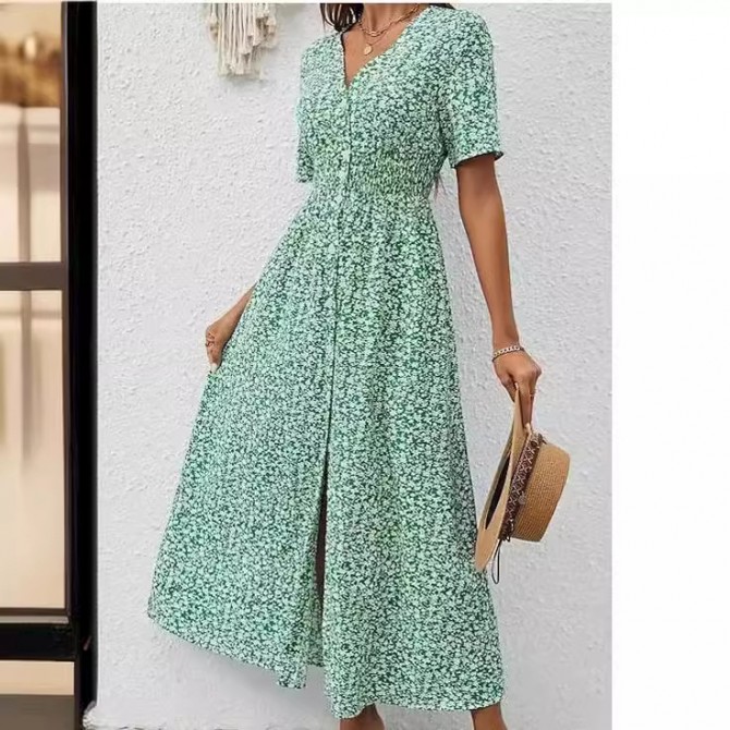 Summer V-neck Printed Short Sleeve Split Dress Women