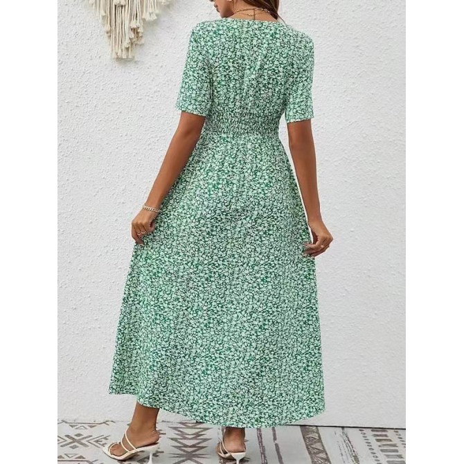 Summer V-neck Printed Short Sleeve Split Dress Women