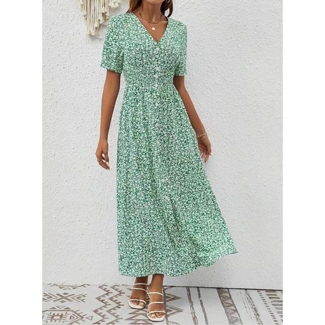Summer V-neck Printed Short Sleeve Split Dress Women