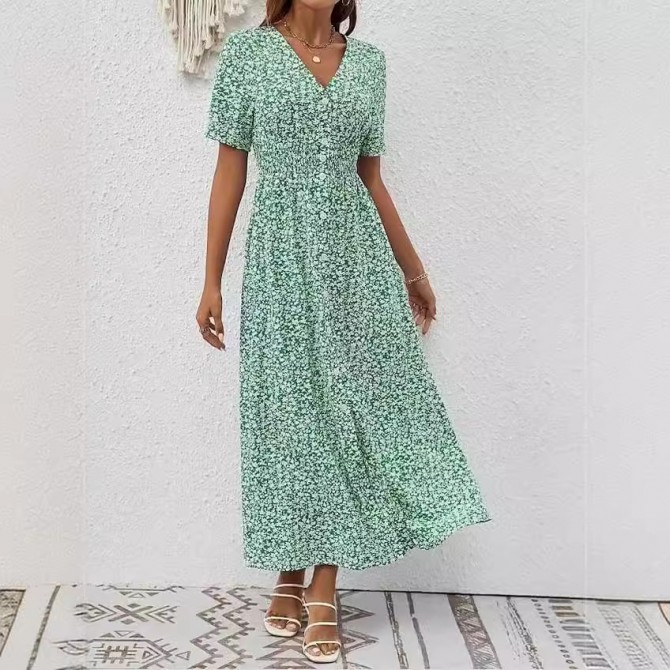 Summer V-neck Printed Short Sleeve Split Dress Women