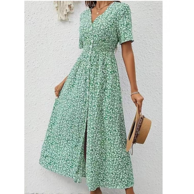 Summer V-neck Printed Short Sleeve Split Dress Women