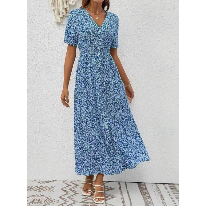 Summer V-neck Printed Short Sleeve Split Dress Women