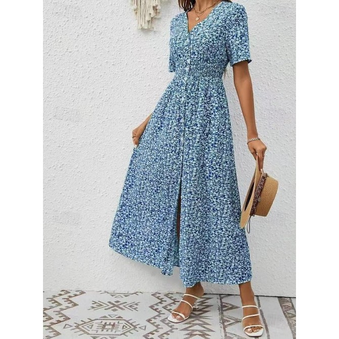 Summer V-neck Printed Short Sleeve Split Dress Women