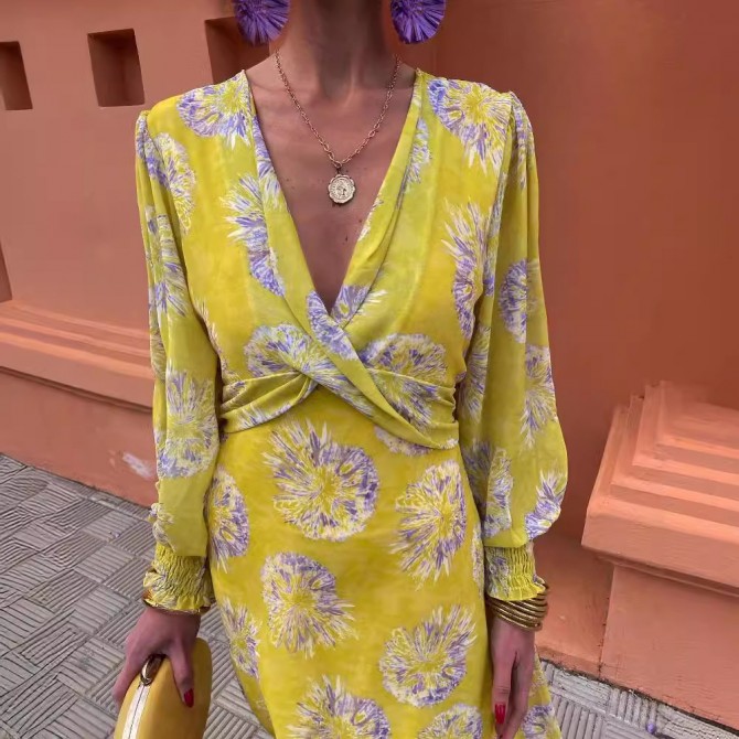 Summer Women's Yellow Cross Print Maxi Dress