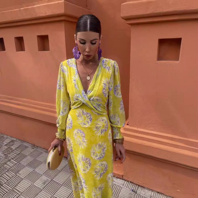 Summer Women's Yellow Cross Print Maxi Dress