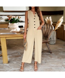 Fashion Sleeveless Jumpsuit With Button Design Casual Temperament Wide Leg Pants For Women's Clothing  