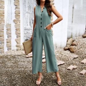 Fashion Sleeveless Jumpsuit With Button Design Casual Temperament Wide Leg Pants For Women's Clothing  