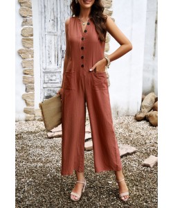 Fashion Sleeveless Jumpsuit With Button Design Casual Temperament Wide Leg Pants For Women's Clothing  