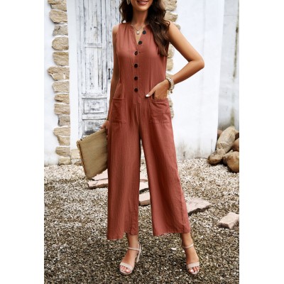 Fashion Sleeveless Jumpsuit With Button Design Casual Temperament Wide Leg Pants For Women's Clothing  