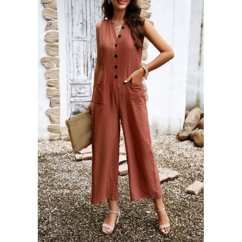 Fashion Sleeveless Jumpsuit With Button Design Casual Temperament Wide Leg Pants For Women's Clothing  