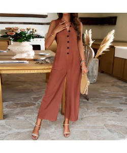 Fashion Sleeveless Jumpsuit With Button Design Casual Temperament Wide Leg Pants For Women's Clothing  