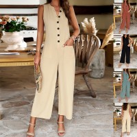 Fashion Sleeveless Jumpsuit With Button Design Casual Temperament Wide Leg Pants For Women's Clothing  